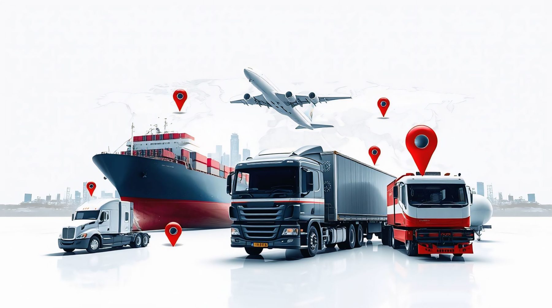 A container ship, transport trucks and an aircraft, with tracking pins on them